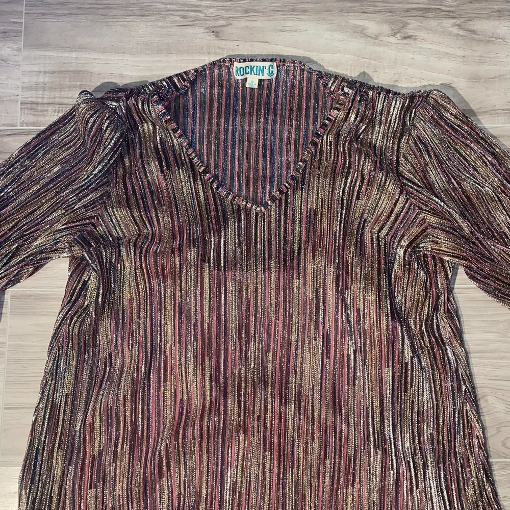 Rockin' C Womens Multicolor Metallic Sheer Striped V-Neck Blouse Top Size Small - Picture 3 of 14